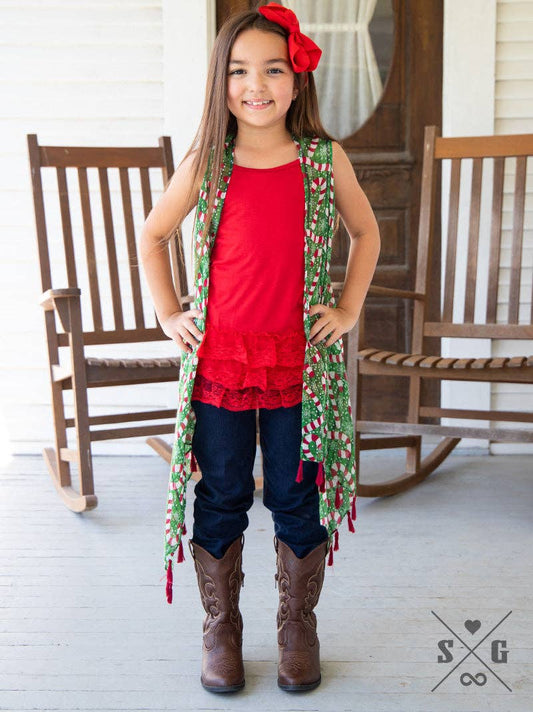 Girls' Crazy Candy Cane Cover Up with Red Tassels for Christmas