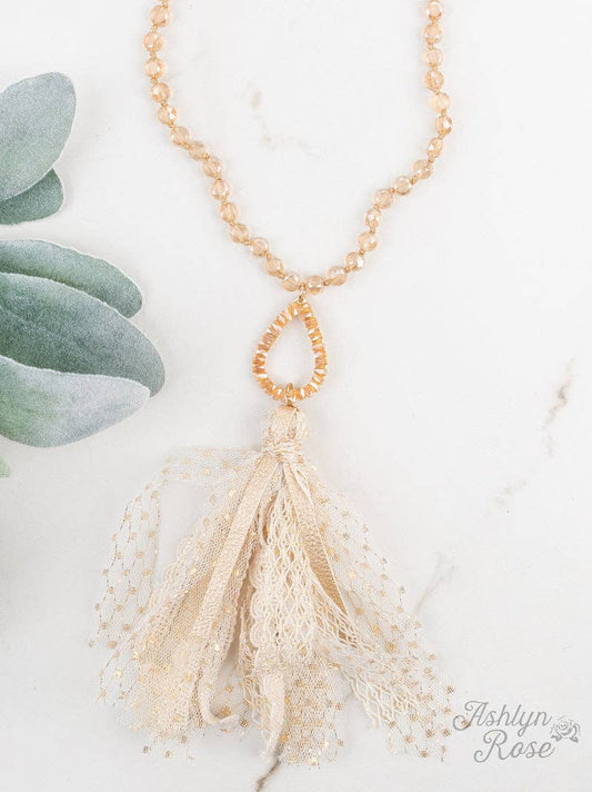 in Style Beaded Necklace with Teardrop Pendant and Lace Tassel