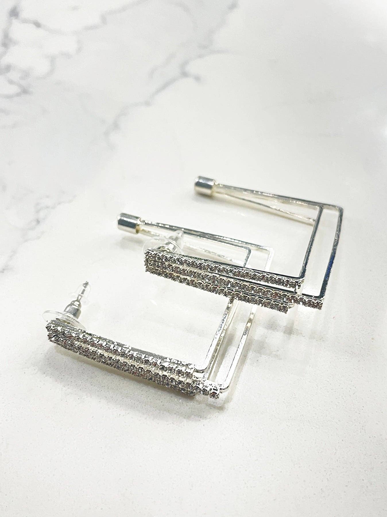 BACK IN THE CITY SILVER CRYSTAL LAYERED SQUARE HOOP EARRINGS