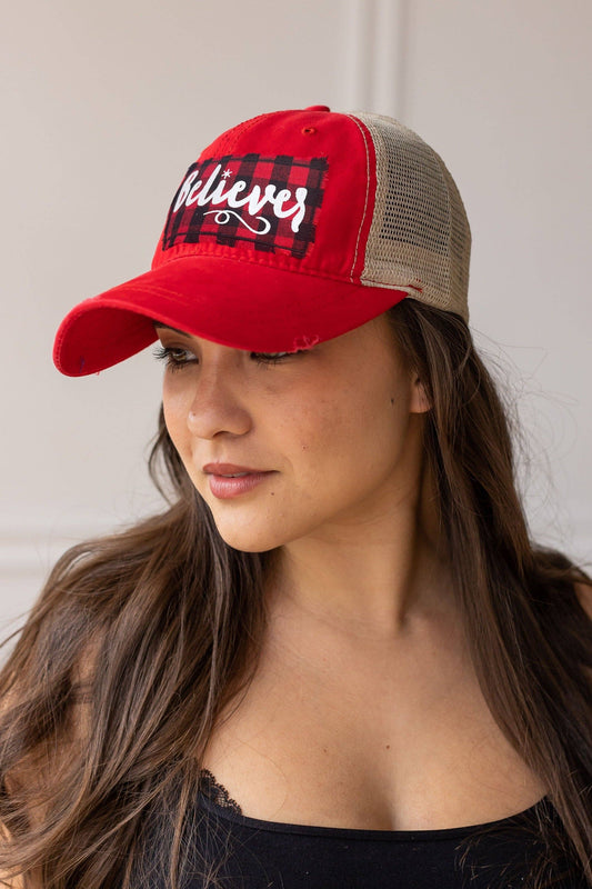 Buffalo Plaid Believer on Red High Ponytail Hat with Beige Mesh