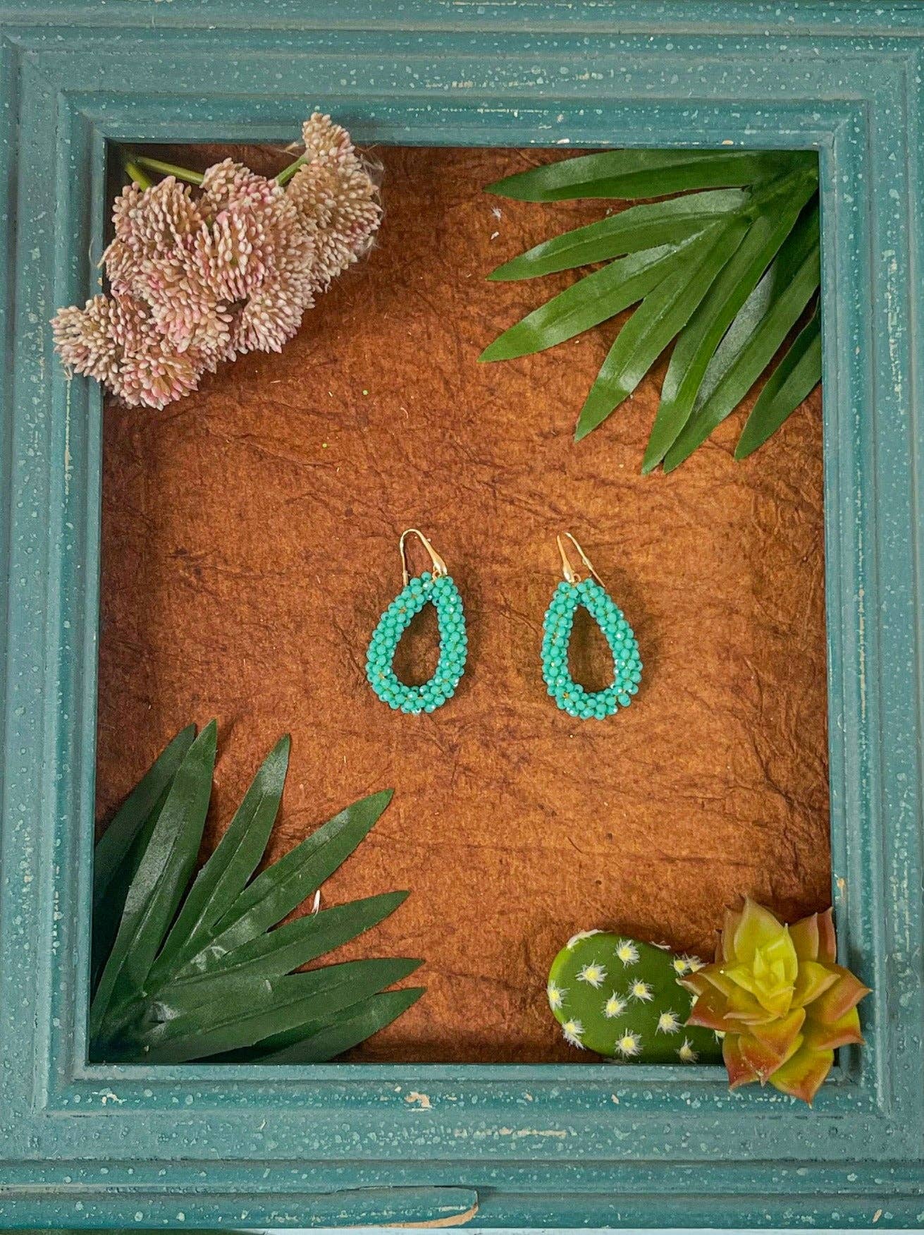 Crystal Beaded Teardrop Hoop Earrings, Turquoise